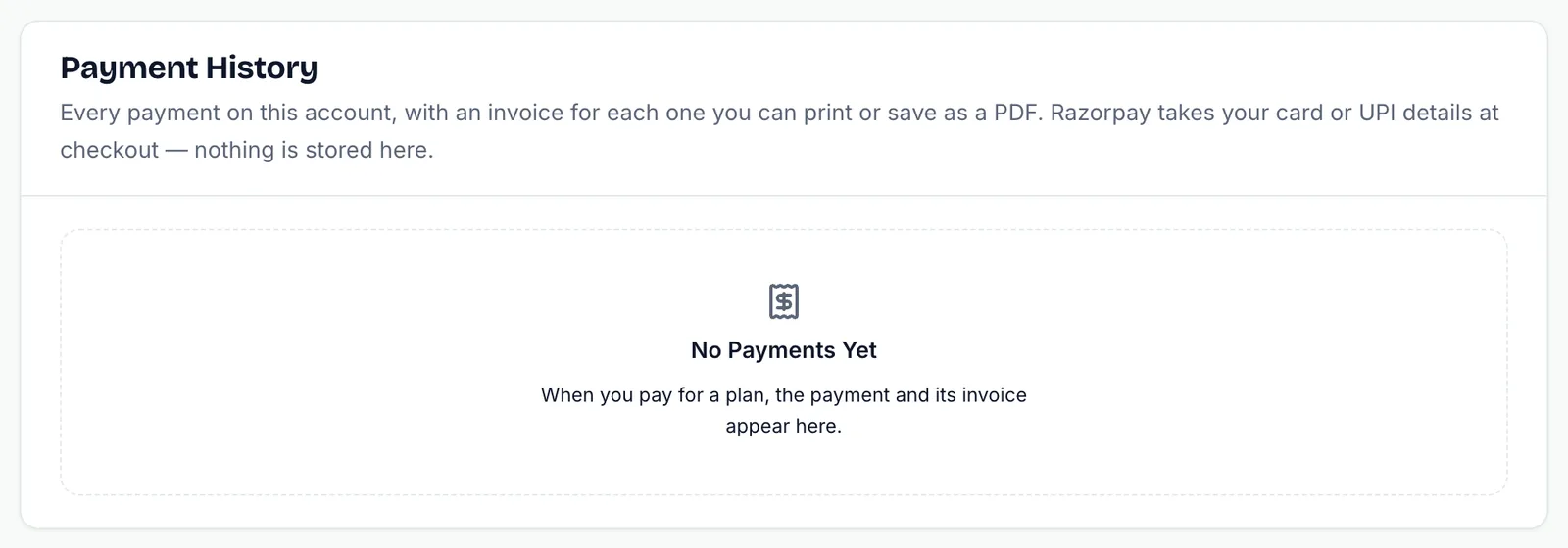 Payment History card showing No Payments Yet
