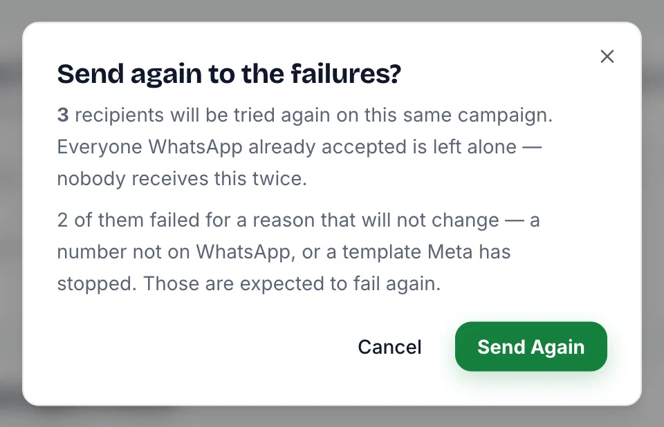 Send again to the failures? dialog explaining 3 recipients will be retried and 2 are expected to fail again, with Cancel and Send Again buttons