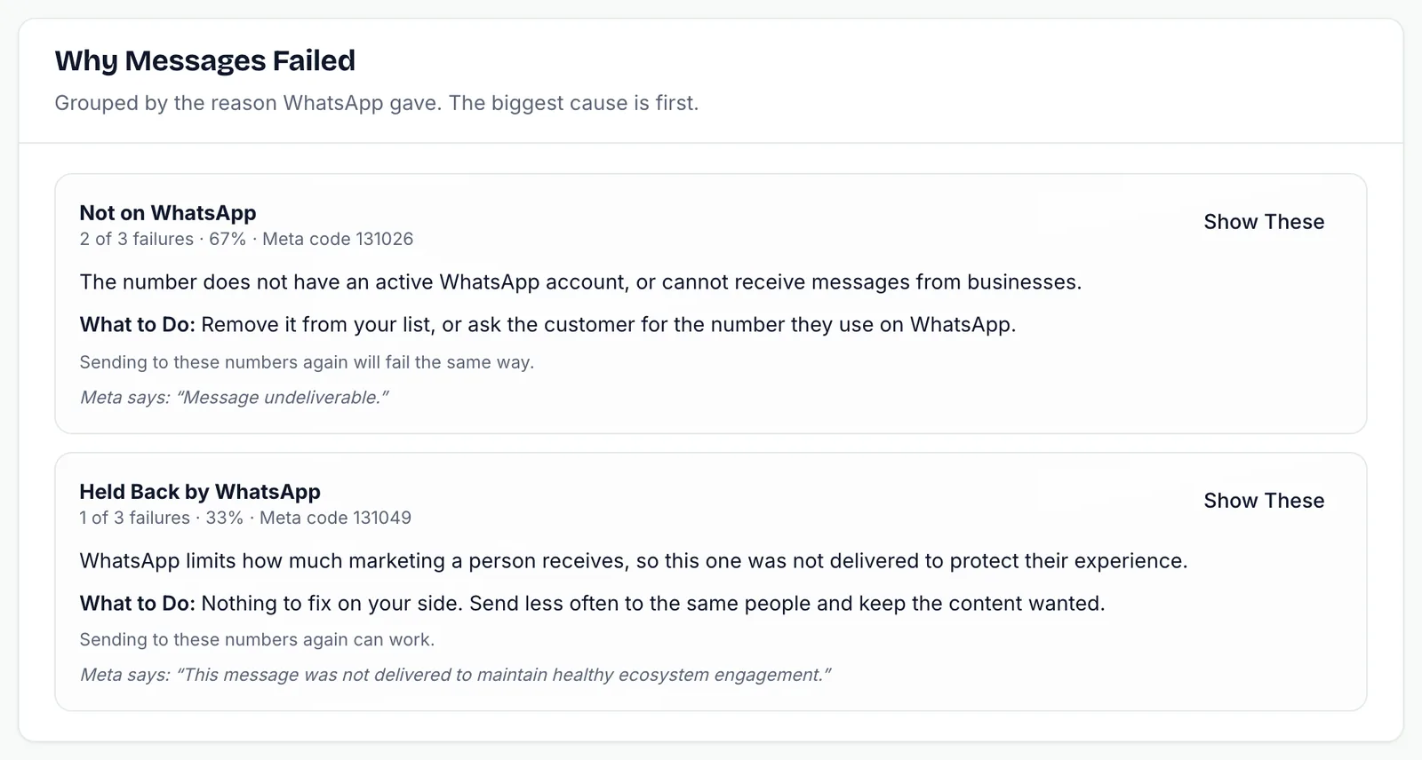 Why Messages Failed breakdown: Not on WhatsApp (Meta code 131026, 2 failures) and Held back by WhatsApp (Meta code 131049, 1 failure) with what to do for each