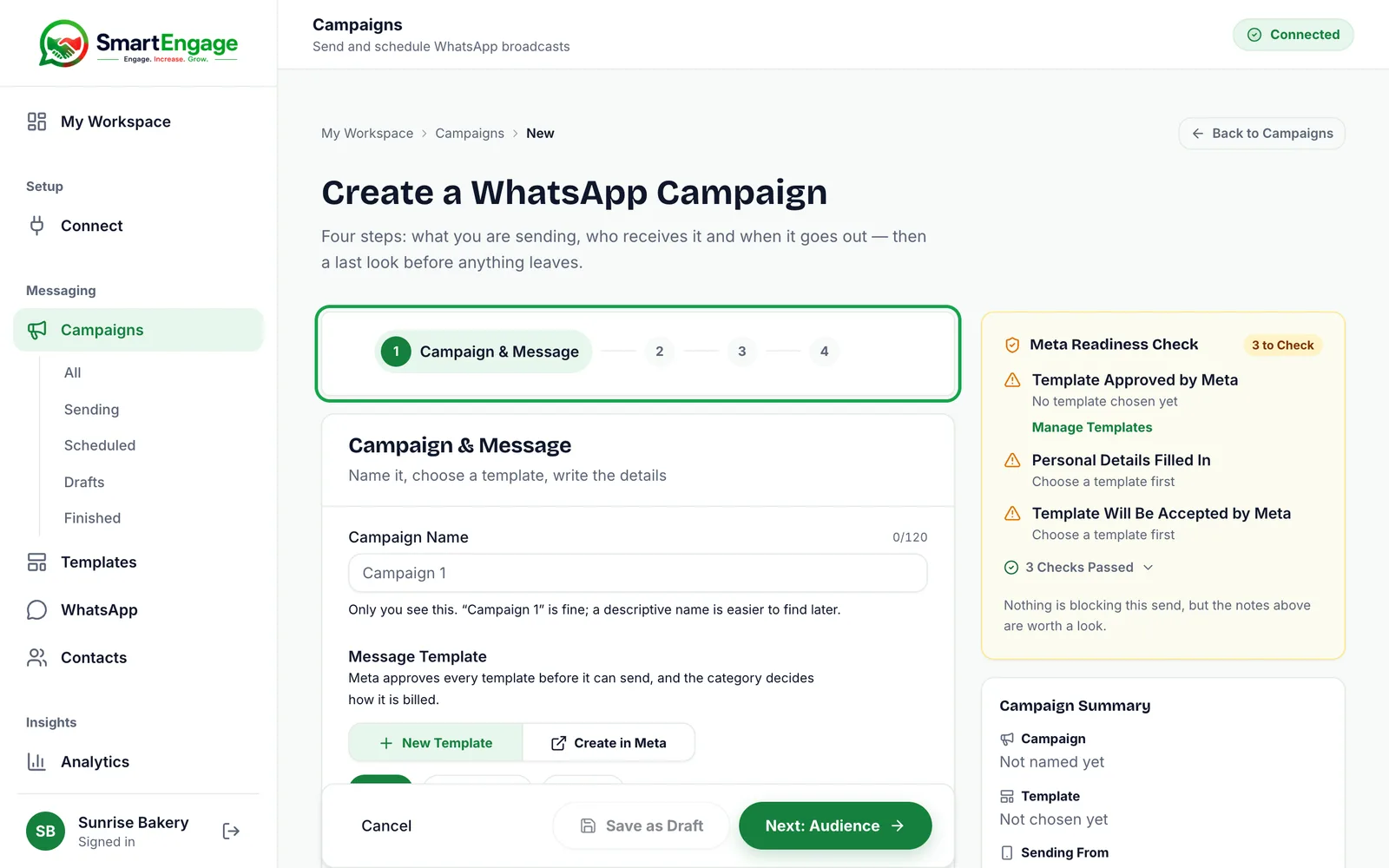 Create a WhatsApp Campaign wizard with the four-step bar highlighted, the Campaign & Message step, Meta Readiness Check and Campaign Summary