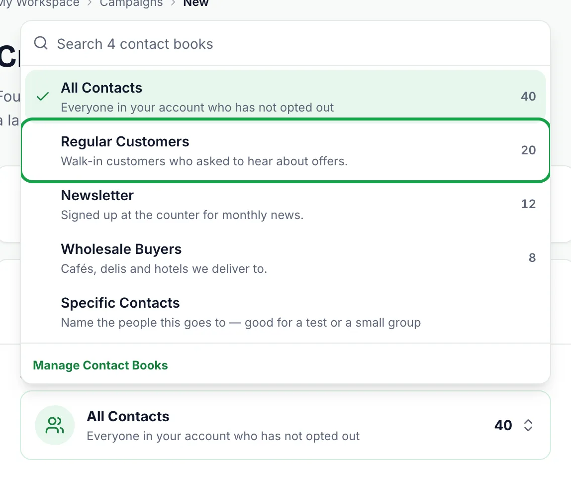Send To dropdown listing All Contacts, Regular Customers (highlighted), Newsletter, Wholesale Buyers and Specific Contacts, with counts