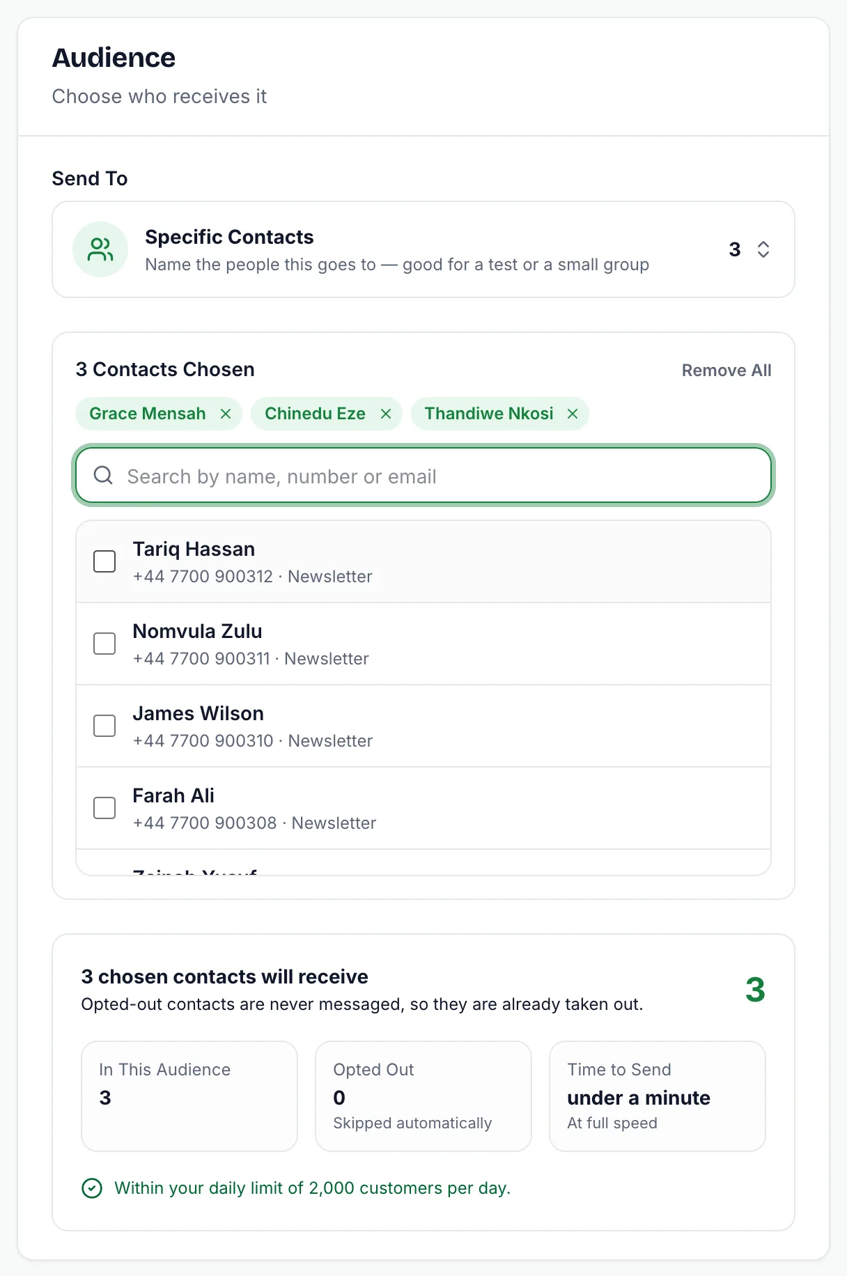 Audience step with Specific Contacts chosen: three people selected as chips, a searchable contact list, and 3 chosen contacts will receive
