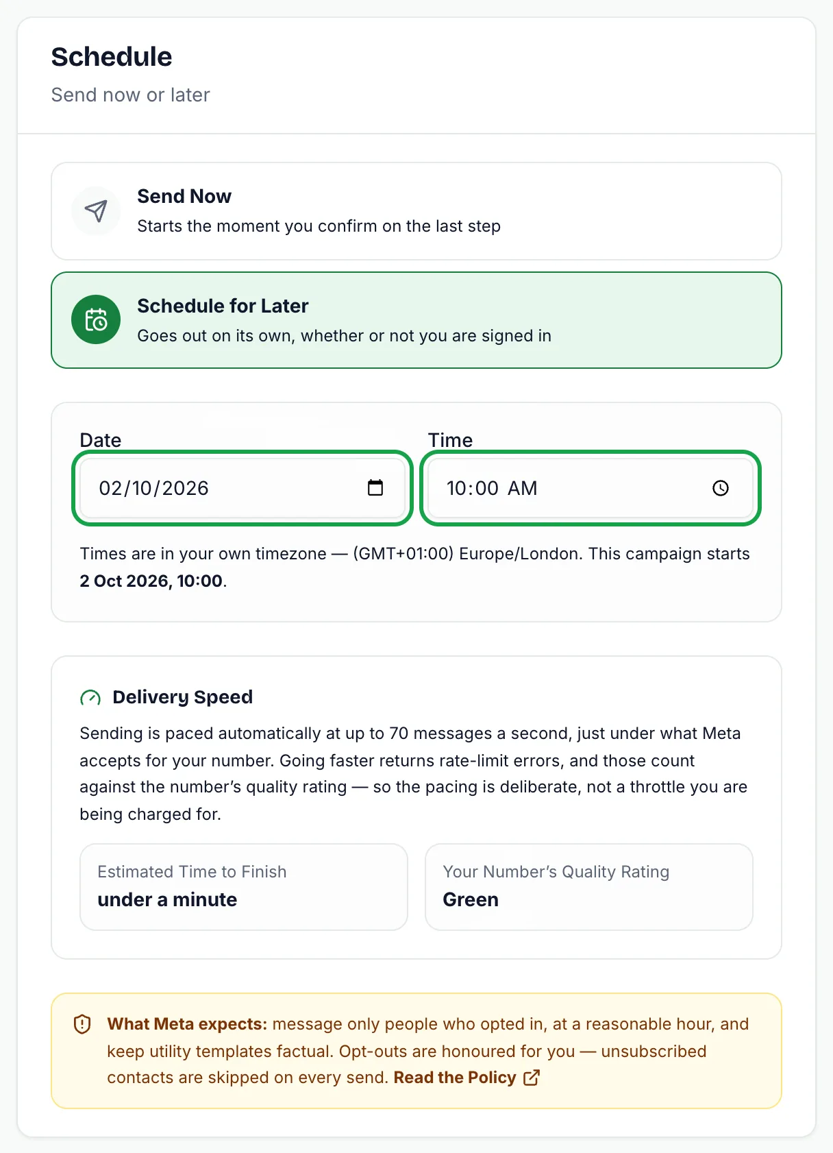 Schedule step with Schedule for Later selected, a date and a 10:00 AM time highlighted, the timezone note and the delivery speed panel
