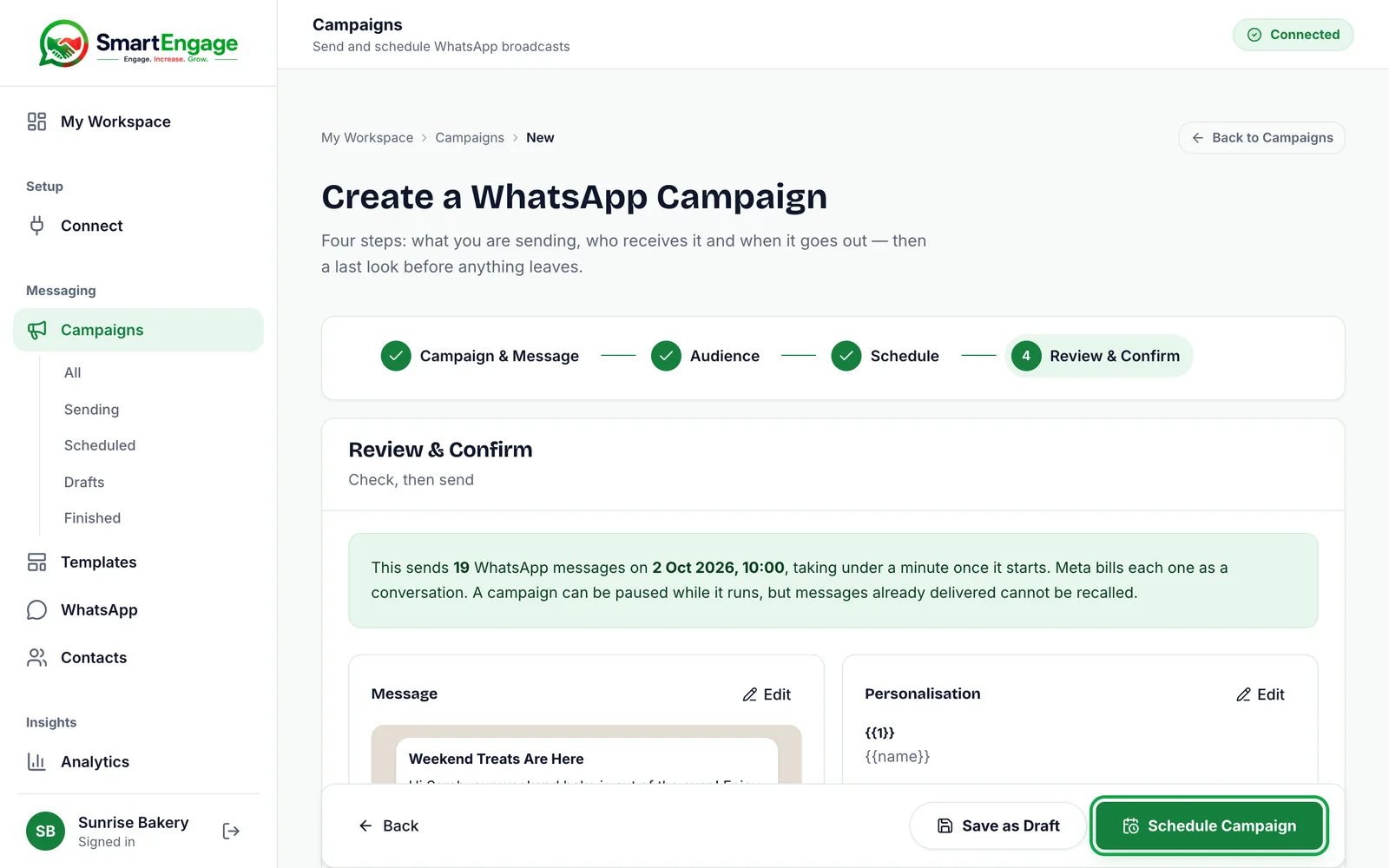 Review & Confirm step summarising 23 messages on 2 Oct 2026 at 10:00 with the message preview, and the Schedule Campaign button highlighted