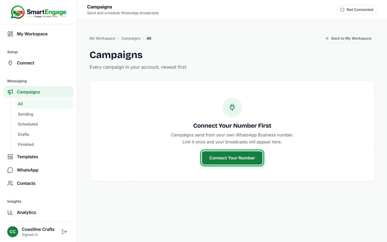 Campaigns page showing Connect Your Number First with a highlighted Connect Your Number button