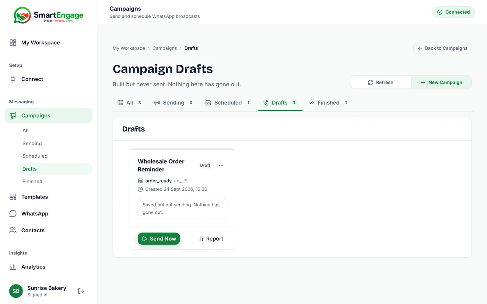 Campaign Drafts tab showing the Wholesale Order Reminder draft with Send Now and Report buttons