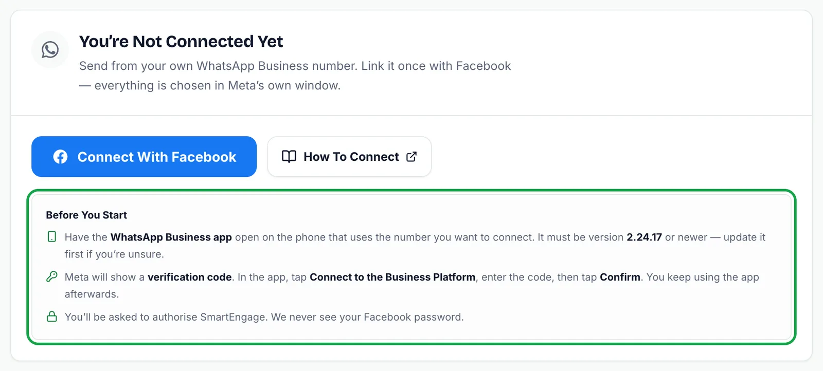 Connect card with Connect With Facebook and How To Connect buttons above a highlighted Before you start checklist