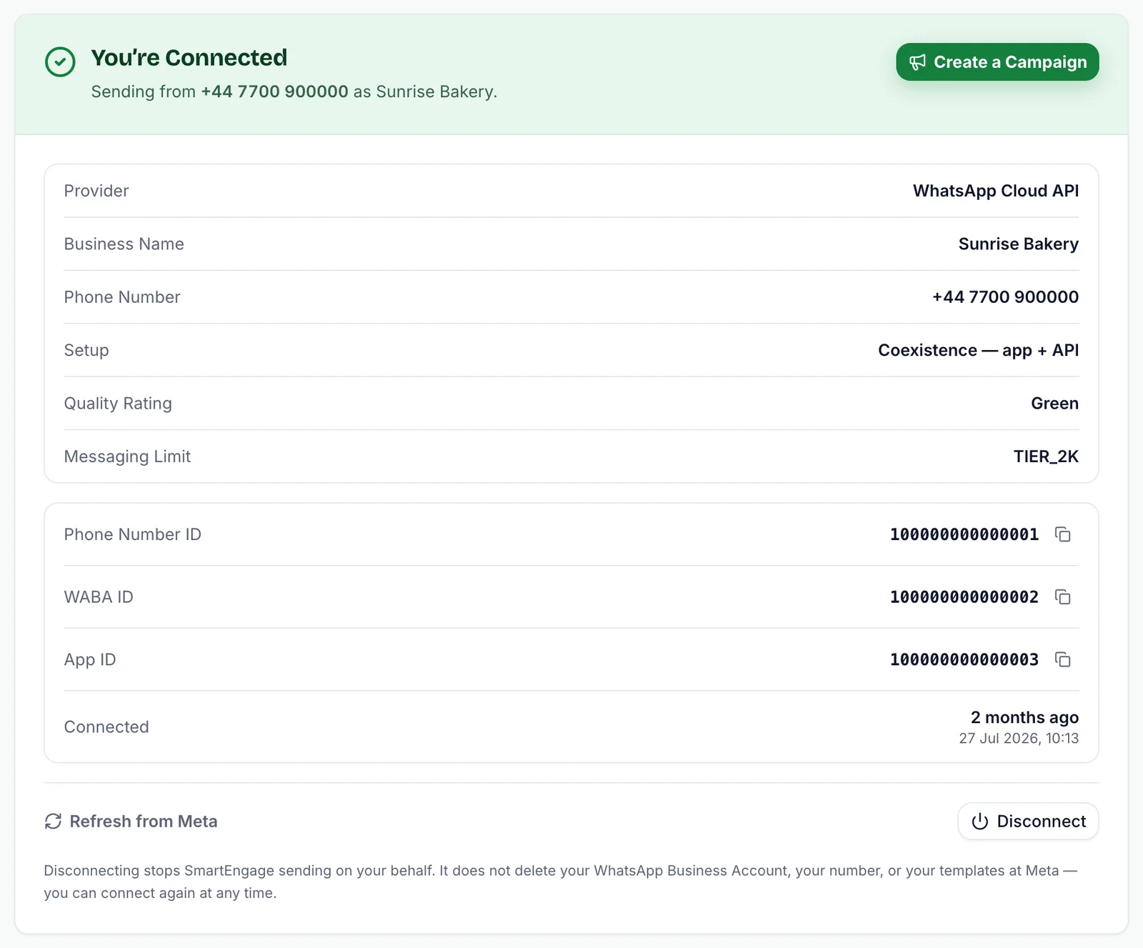 You’re Connected card listing provider, business name, phone number, coexistence setup, Green quality rating, messaging limit TIER_2K and the phone number, WABA and app IDs