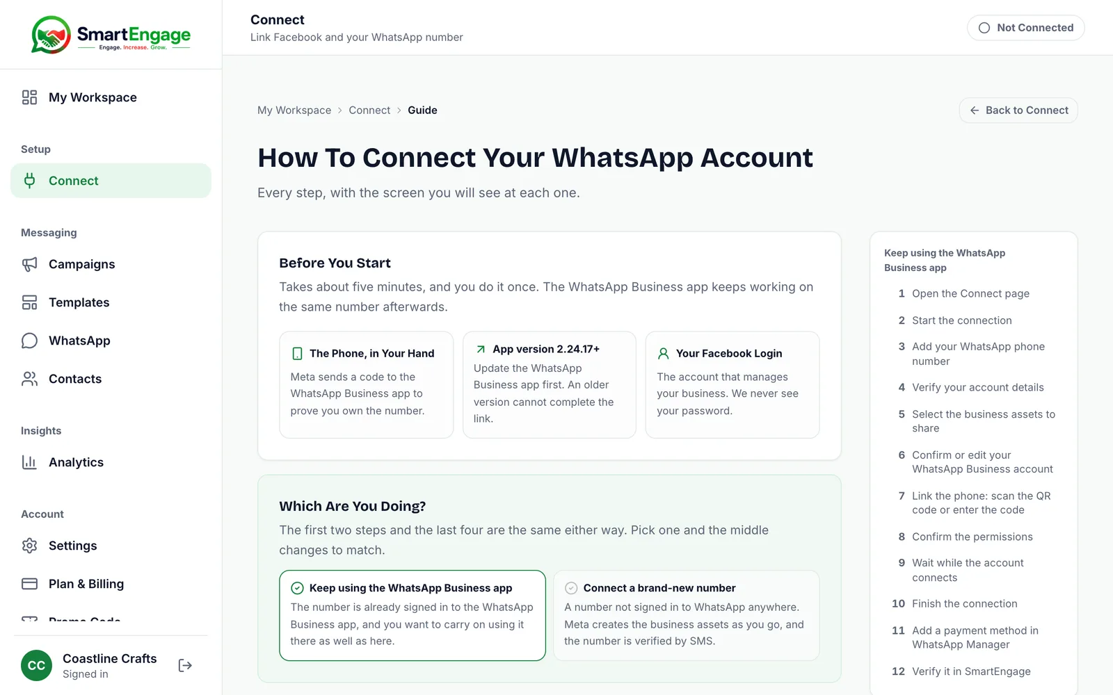 How To Connect Your WhatsApp Account guide page with the Before You Start cards and a 12-step outline on the right