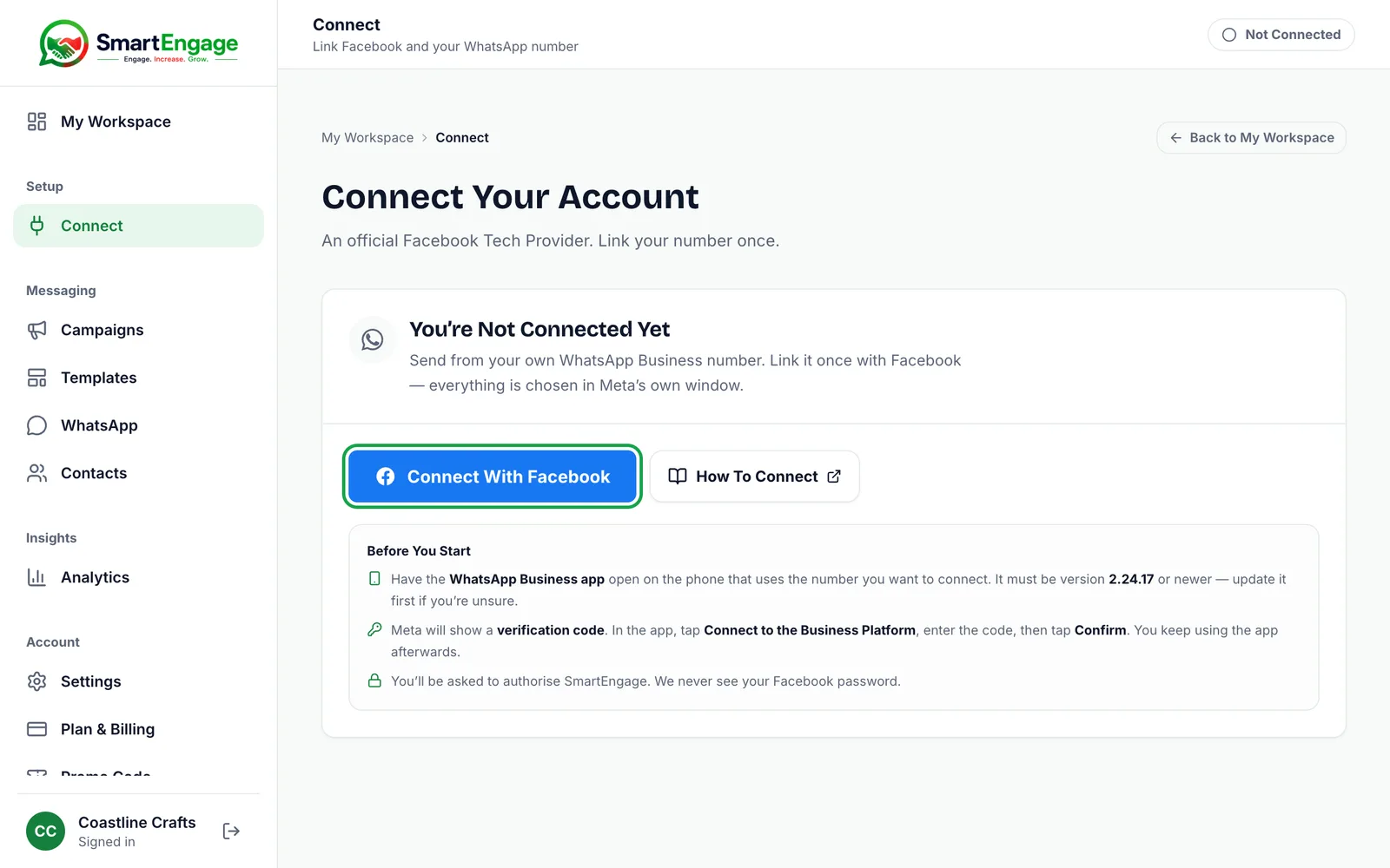 Connect Your Account page for a new workspace, showing You’re Not Connected Yet and the Connect With Facebook button highlighted