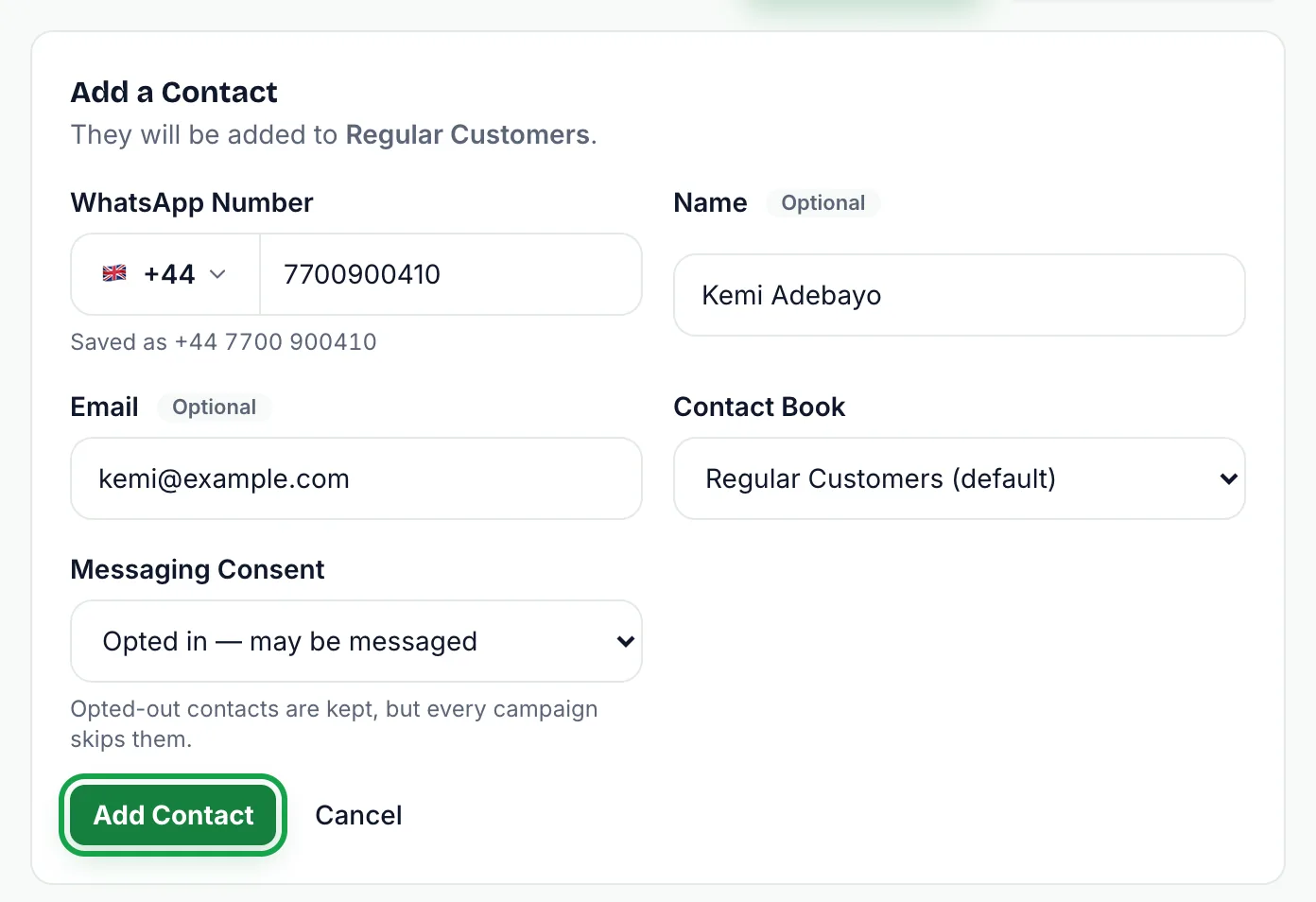 Add a Contact form with a UK WhatsApp number, optional name and email, contact book and messaging consent, with Add contact highlighted