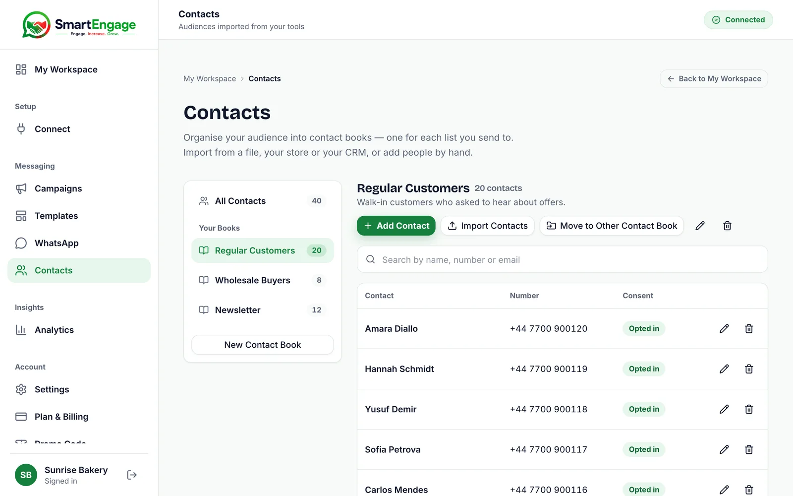 Contacts page filtered to the Regular Customers book with 25 contacts, showing opted-in and opted-out consent badges
