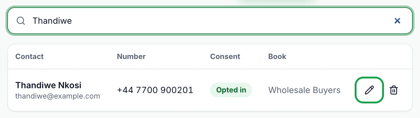 Contact search for Thandiwe showing her row with number, Opted In consent and book, and the pencil Edit button highlighted