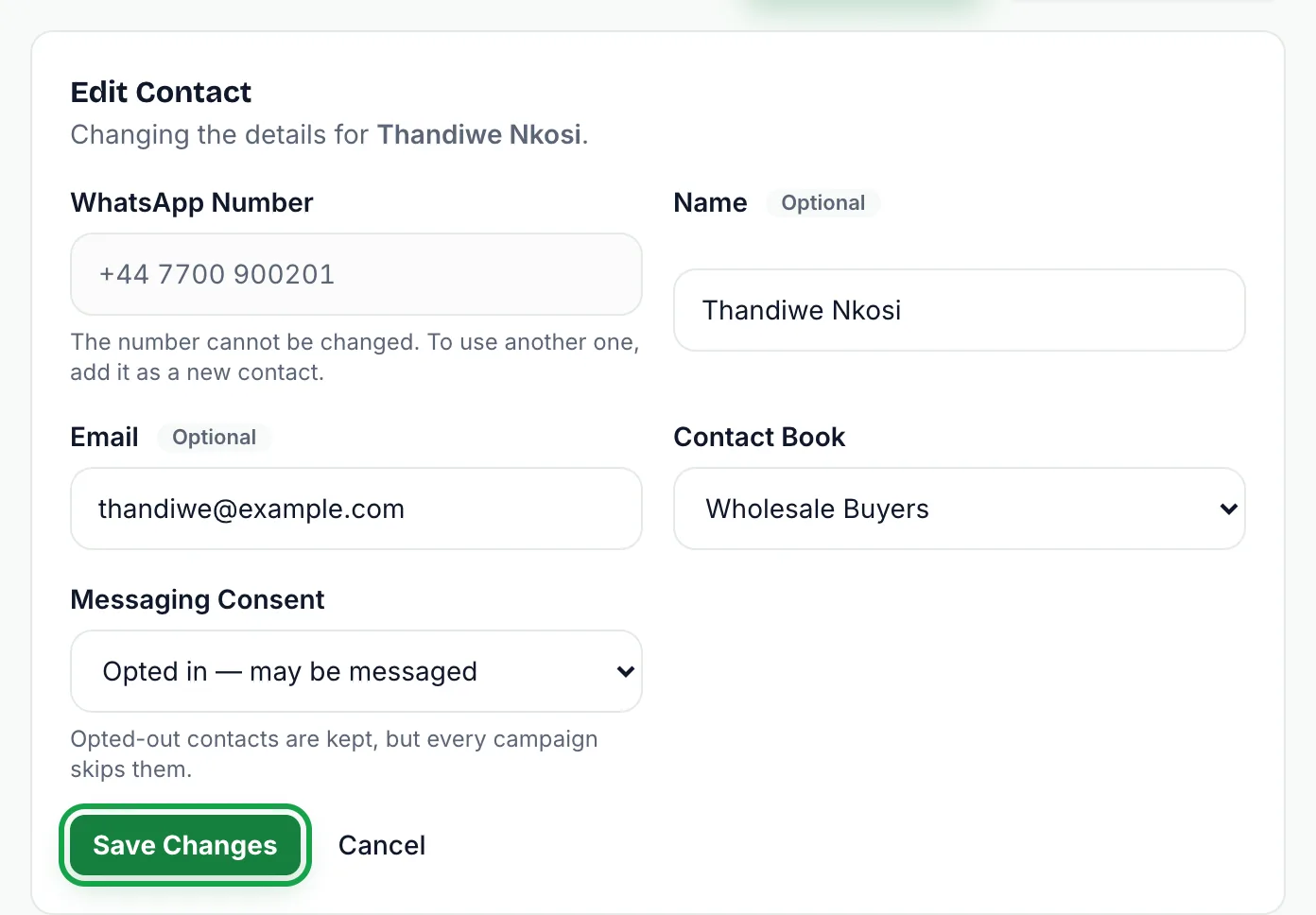 Edit Contact form for Thandiwe Nkosi with a locked WhatsApp number, name, email, contact book and messaging consent, and Save Changes highlighted