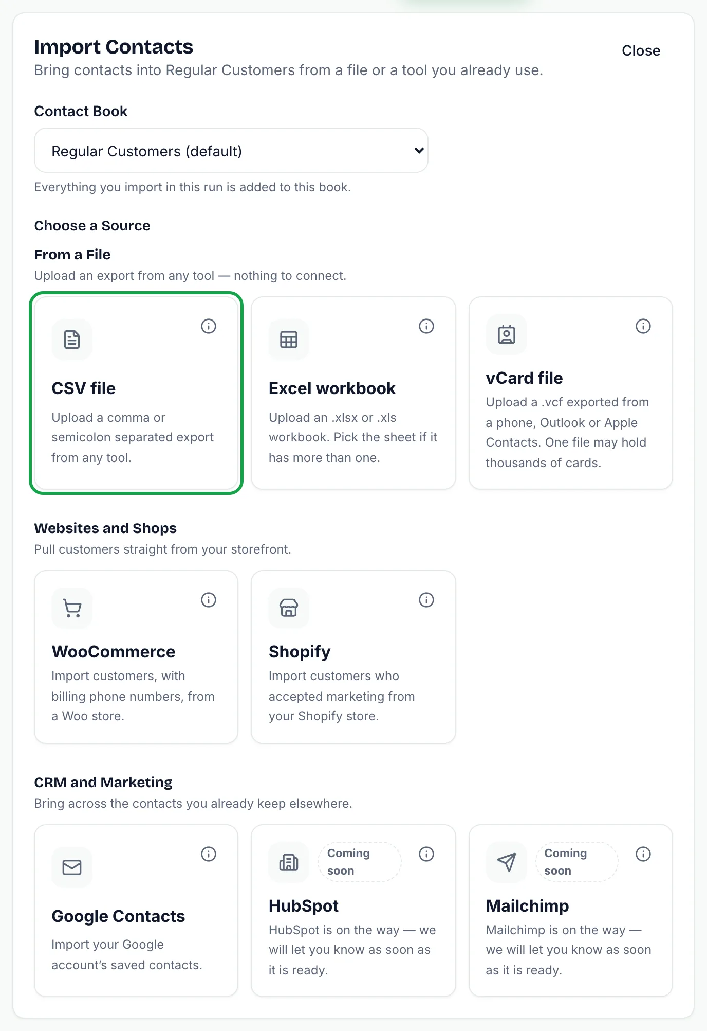 Import Contacts panel with a contact book picker and sources: CSV file (highlighted), Excel workbook, vCard file, WooCommerce, Shopify, Google Contacts, HubSpot and Mailchimp