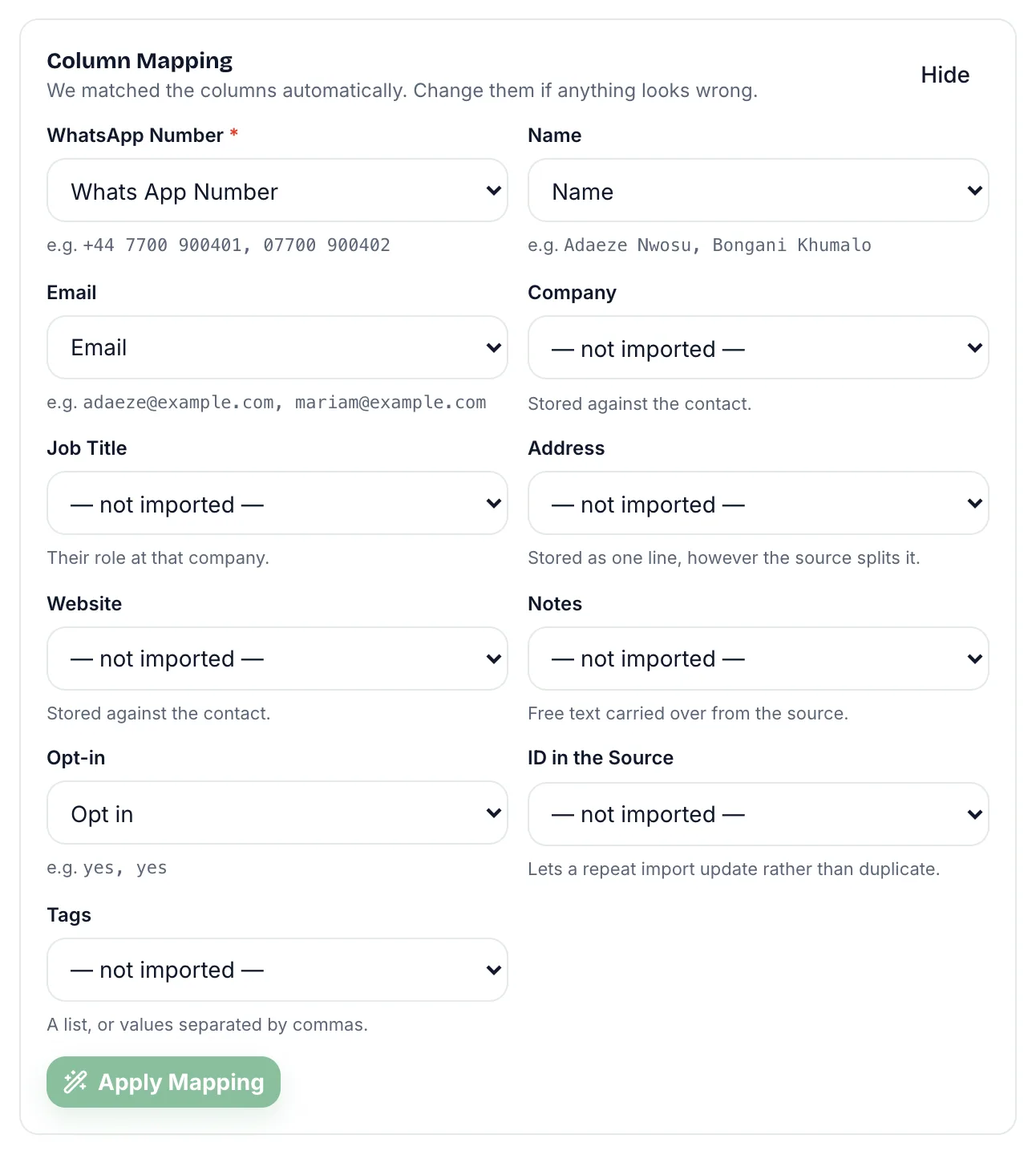Column mapping panel matching WhatsApp number, Name, Email and Opt-in columns, with other fields set to not imported and an Apply mapping button