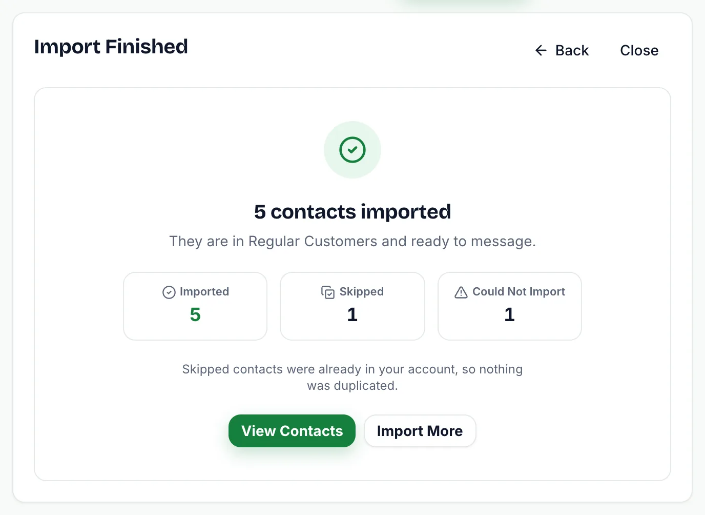 Import finished summary: 5 contacts imported, 1 skipped and 1 could not import, with View contacts and Import more buttons