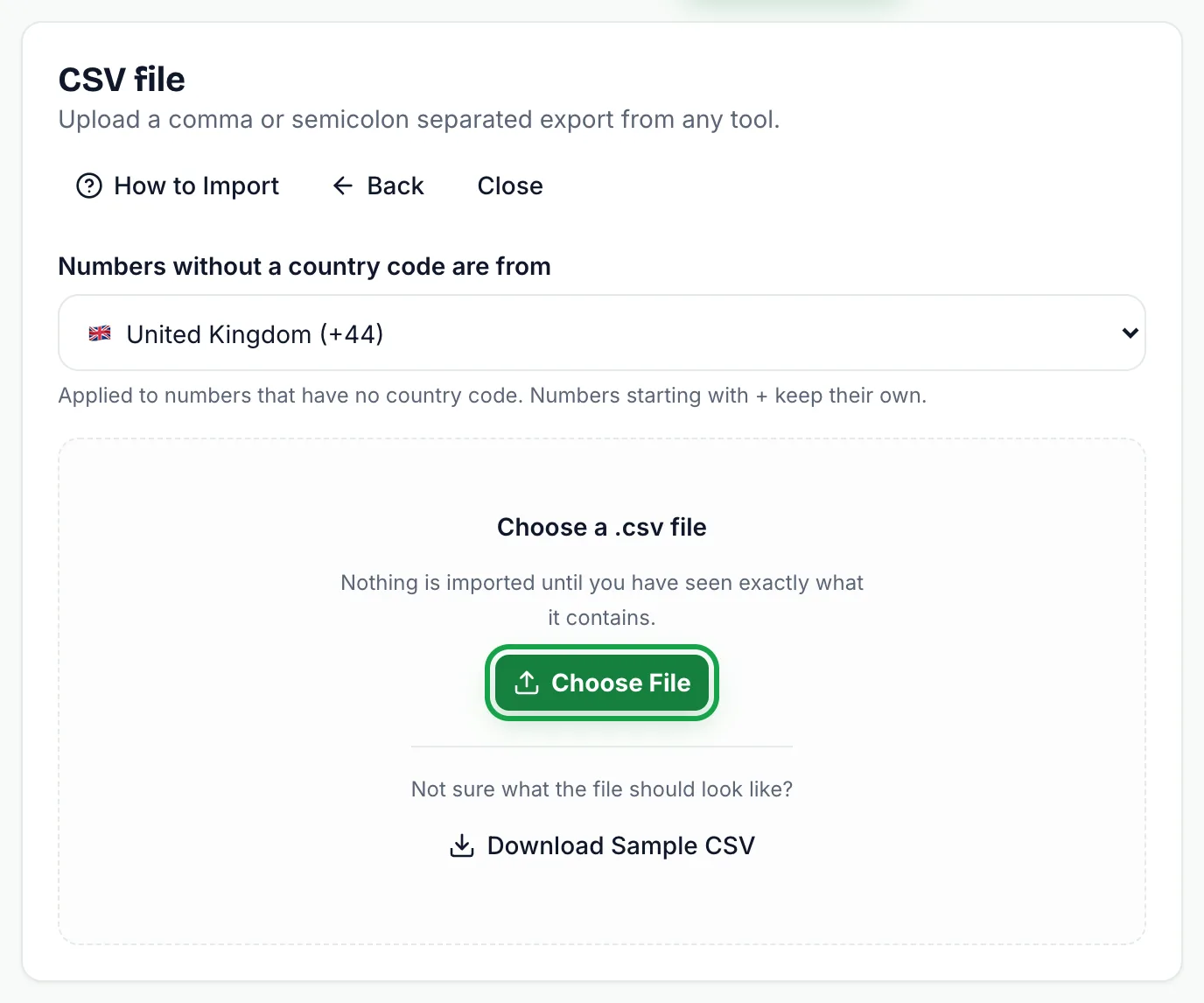 CSV file import step with the default country set to United Kingdom and a highlighted Choose file button above Download sample CSV