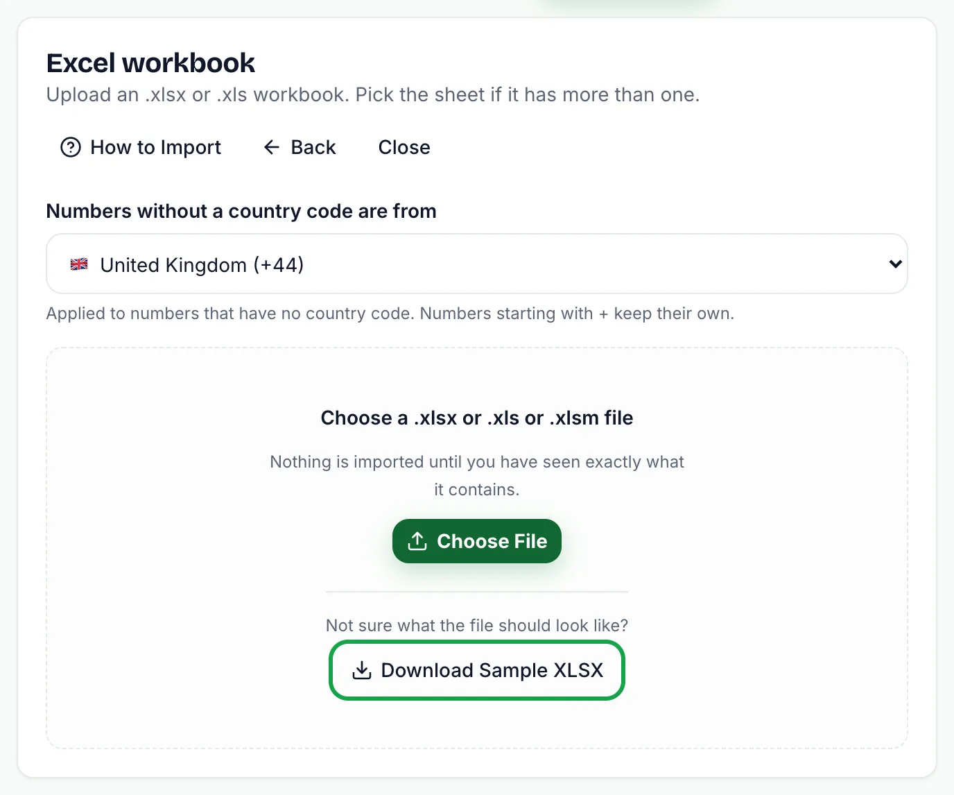 Excel workbook import step with Choose file and a highlighted Download sample XLSX button
