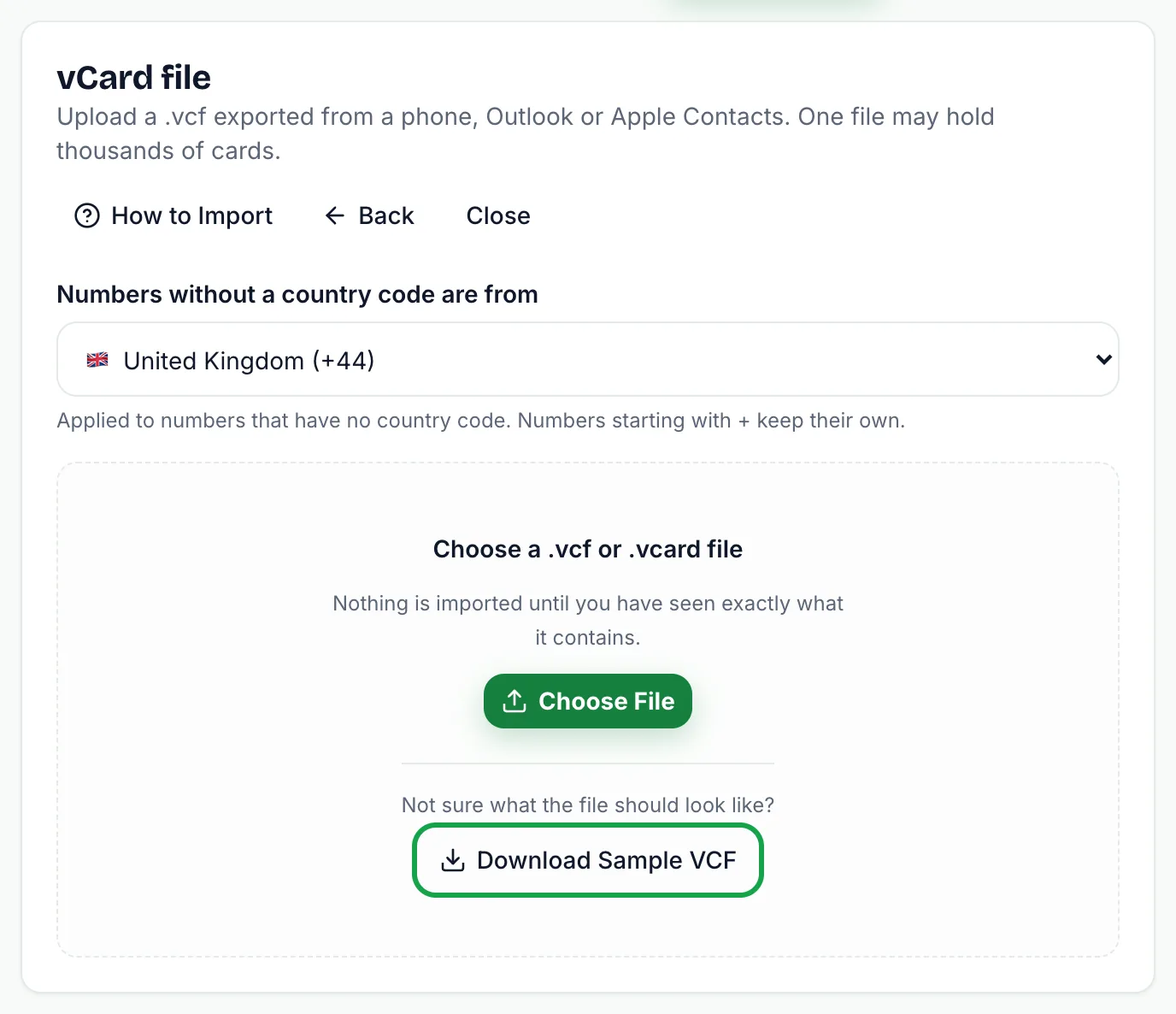 vCard file import step with Choose file and a highlighted Download sample VCF button