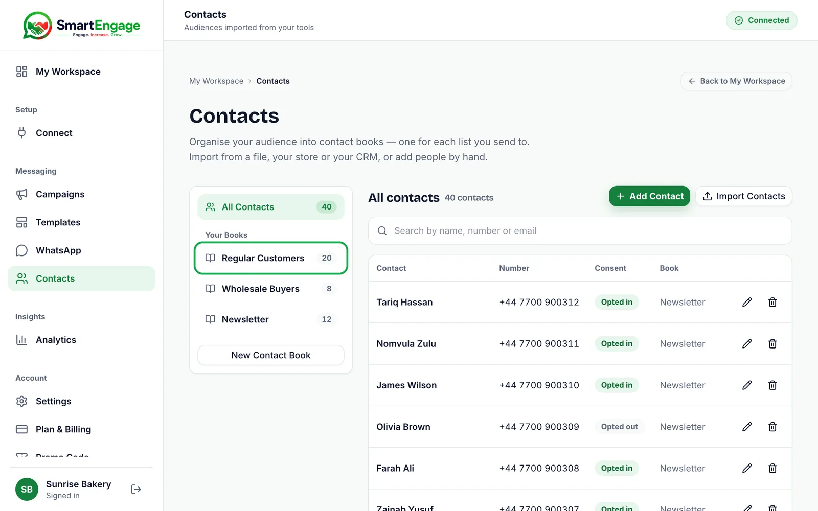 Contacts page listing 45 contacts with their number, consent and book, and the Regular Customers book highlighted in the Your Books list