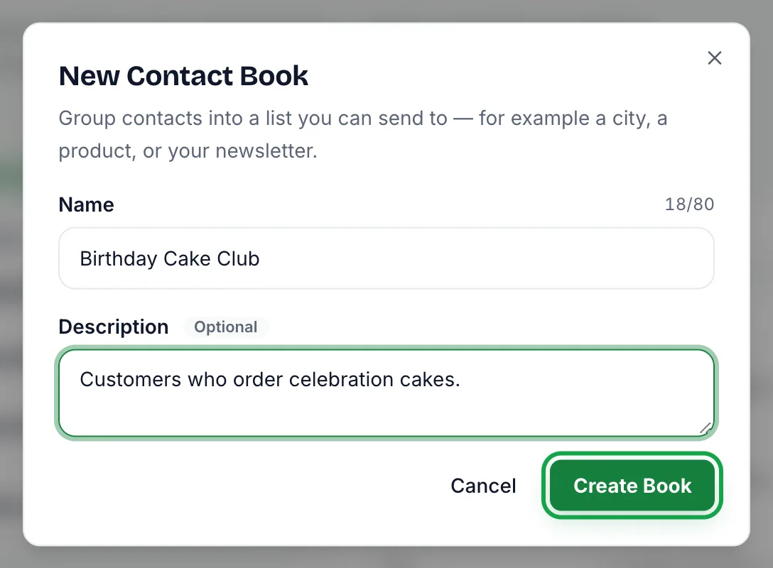 New contact book dialog with the name Birthday Cake Club, a description, and the Create book button highlighted