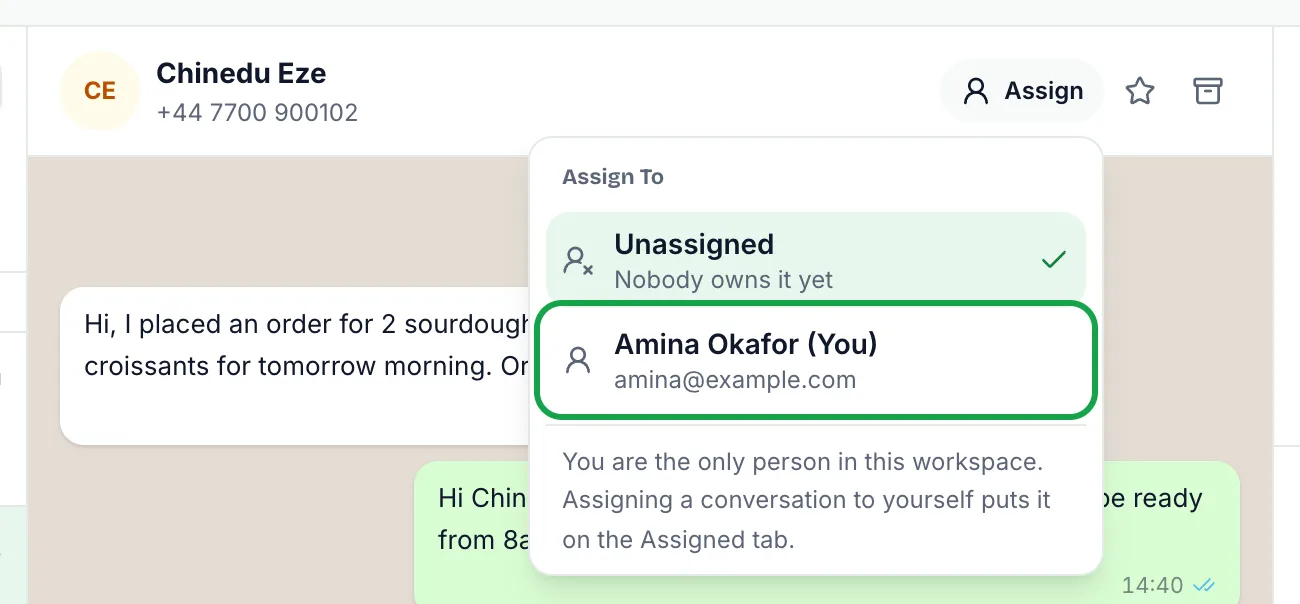 Assign To popover open from the conversation header, listing Unassigned and Amina Okafor (You) with Amina highlighted