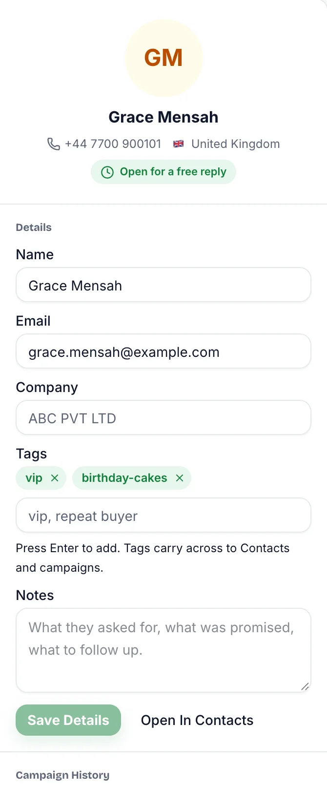 Customer panel for Grace Mensah showing Open for a free reply, editable name, email, company, tags and notes, with Save Details