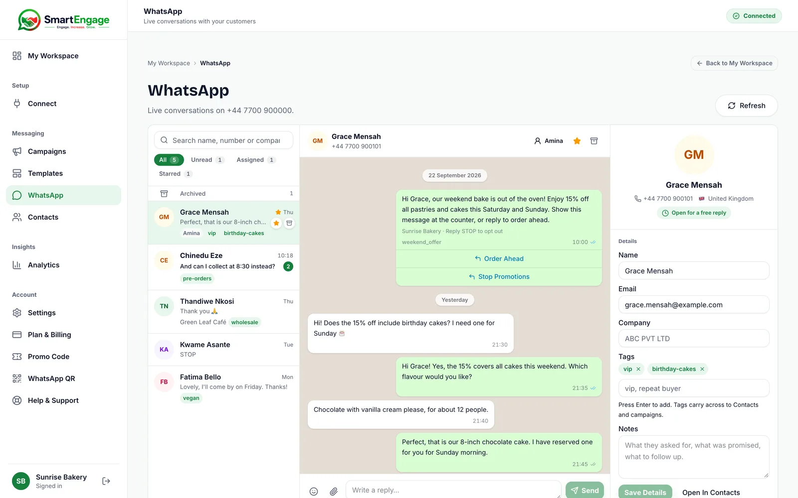 WhatsApp inbox with Grace Mensah’s conversation open: a campaign message, her replies, the reply box, and her customer details on the right