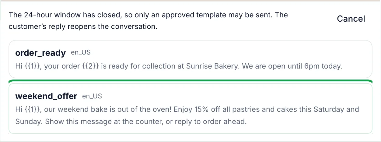 Template picker listing approved templates order_ready and weekend_offer, weekend_offer highlighted, with a Cancel link