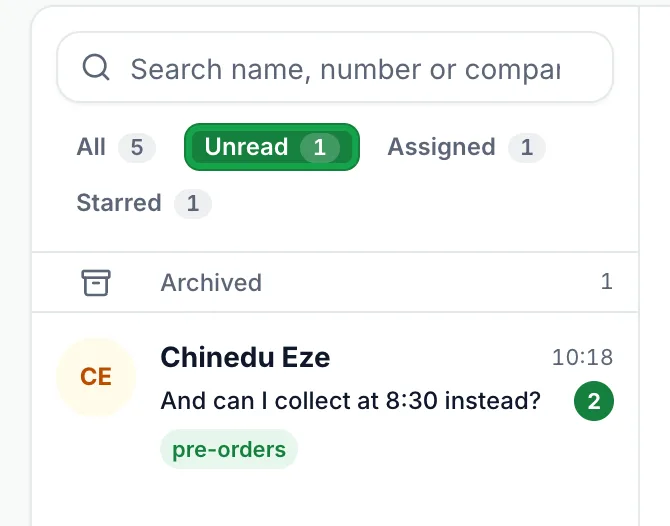 Inbox list with the Unread filter selected, showing one conversation with 2 unread messages