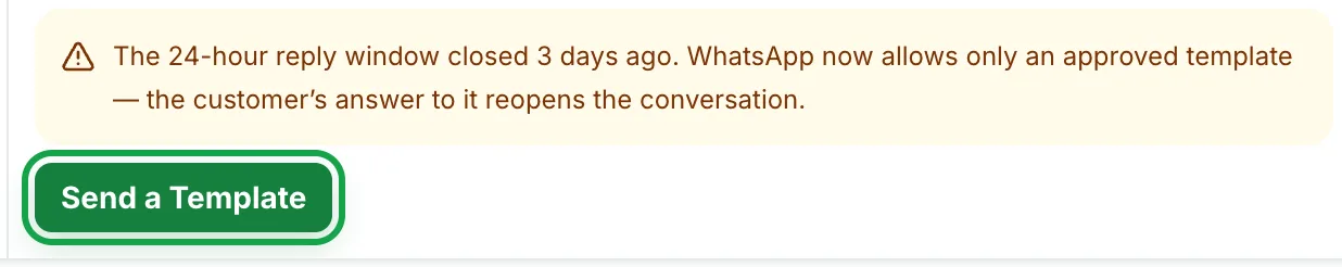 Notice that the 24-hour reply window closed 3 days ago, with the Send a Template button highlighted