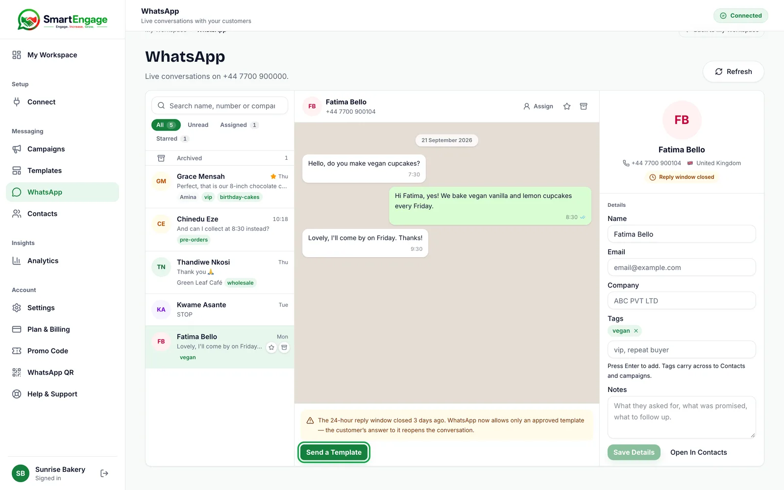 Fatima Bello’s conversation with Reply window closed, a notice that the 24-hour window closed 3 days ago, and the Send a Template button highlighted