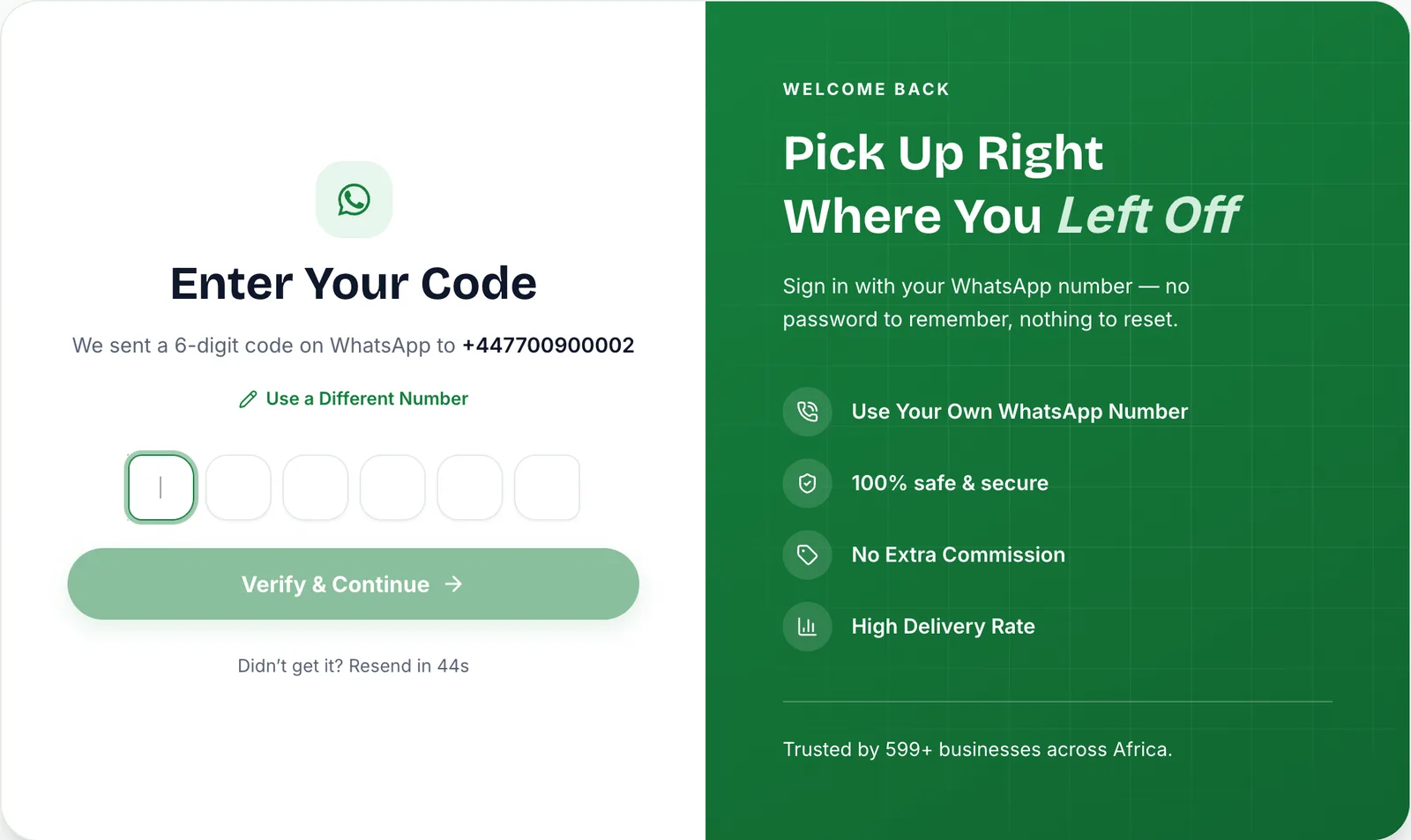 Enter your code screen showing the number the code was sent to, six empty code boxes and a Verify & continue button
