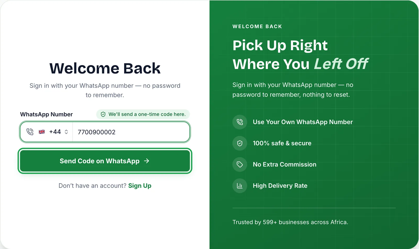 Welcome back login form with a UK WhatsApp number entered and the Send code on WhatsApp button highlighted