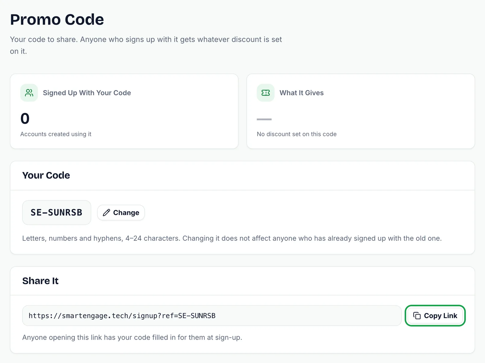 Promo Code page showing accounts signed up with the code, the code SE-SUNRSB with a Change button, and a share link with Copy link highlighted
