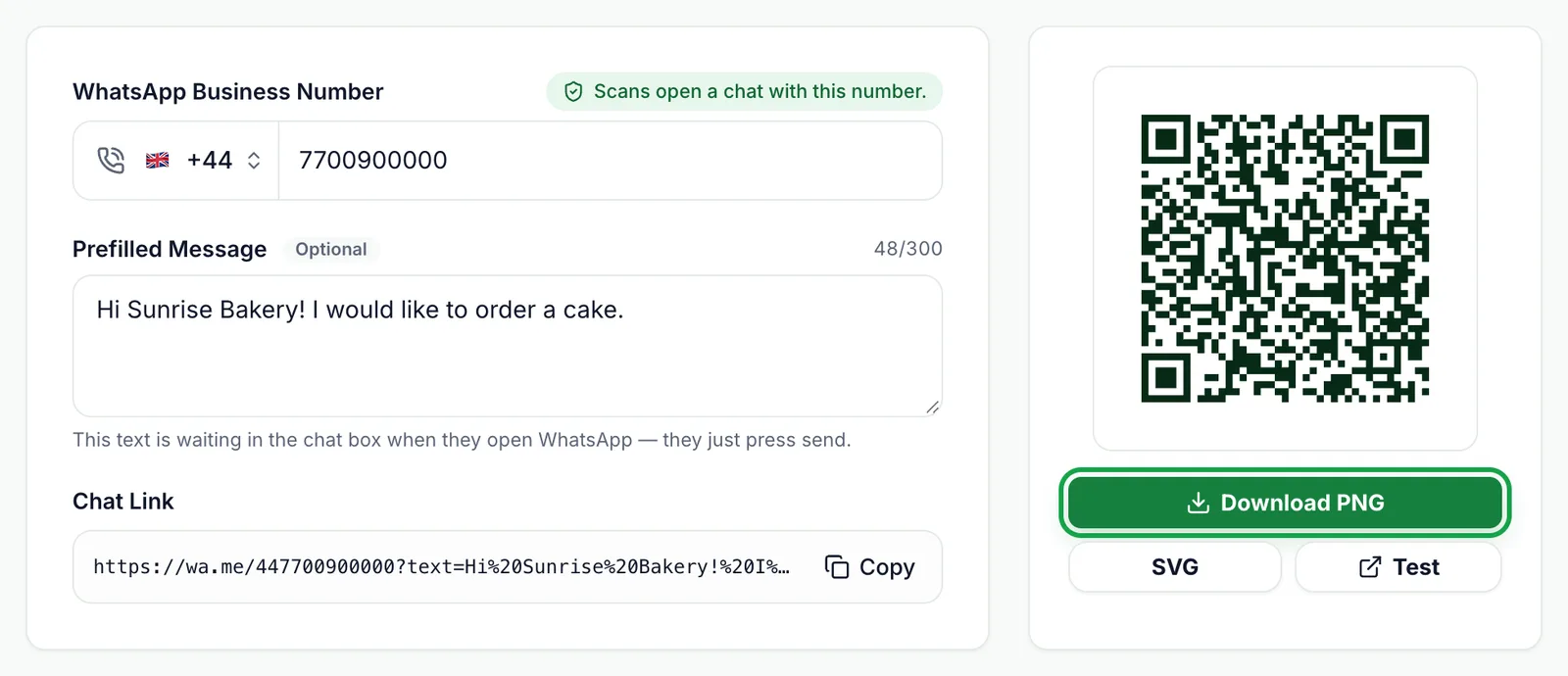 WhatsApp QR Code generator with the business number and a prefilled message entered, the chat link, and a generated QR code with Download PNG highlighted