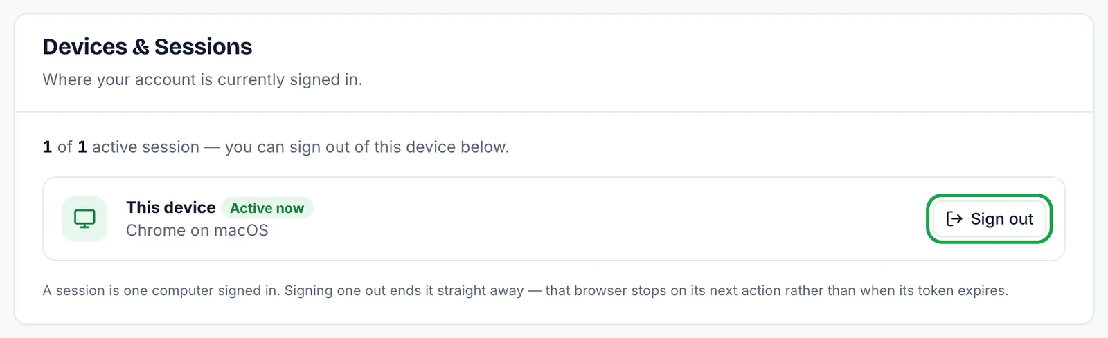 Devices & Sessions card showing 1 of 1 active session on Chrome on macOS, with the Sign out button highlighted