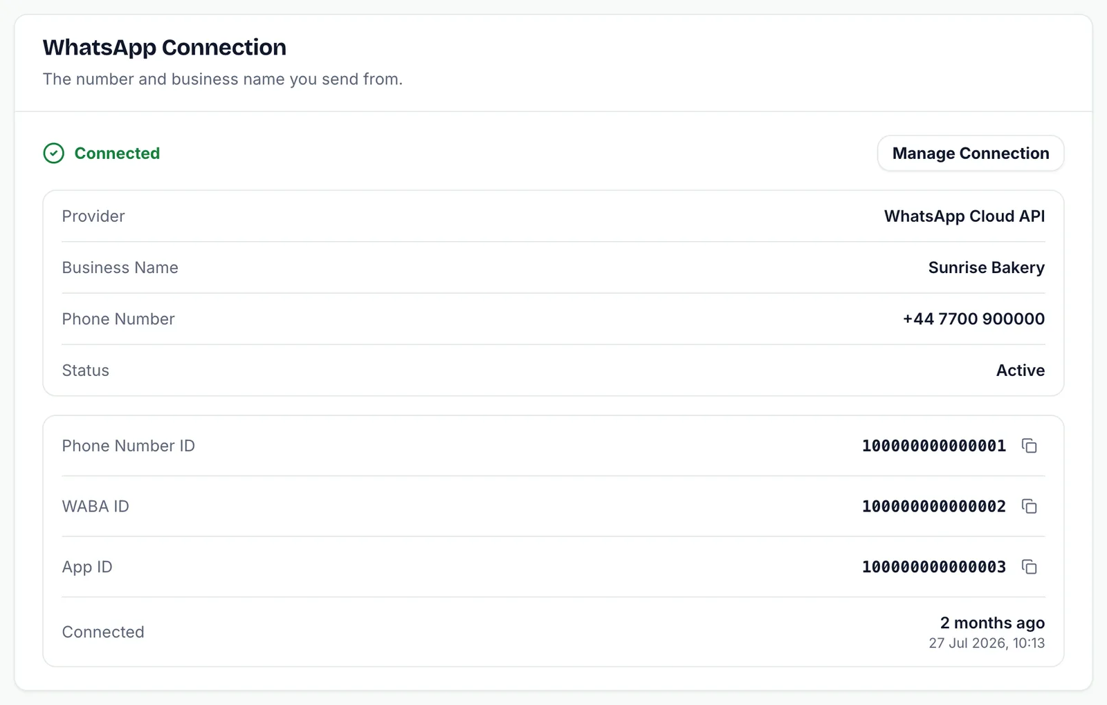 Settings WhatsApp Connection card showing Connected status, business name, phone number, Active status and the connection IDs