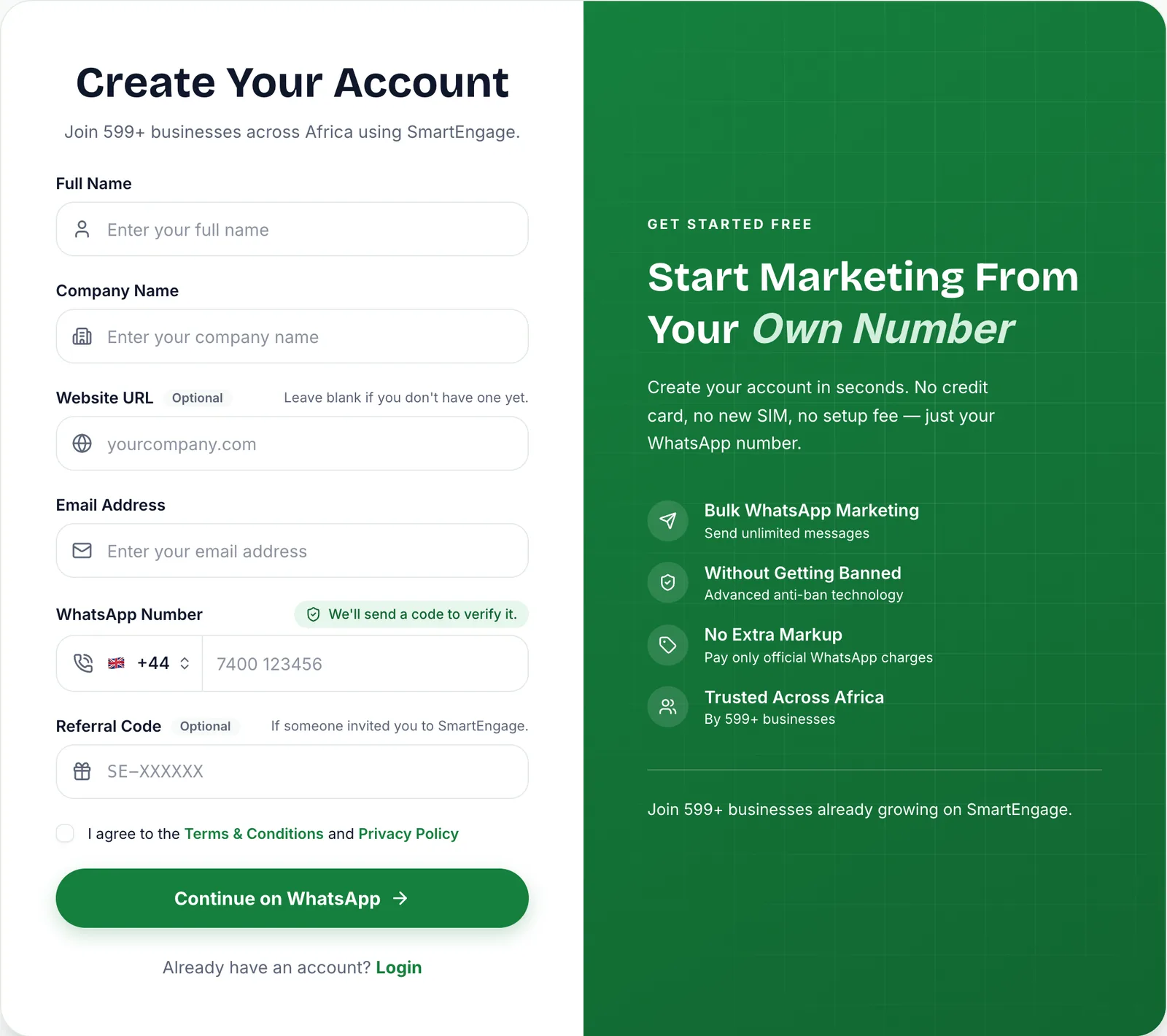 SmartEngage sign-up form with empty Full Name, Company Name, Website URL, Email Address, WhatsApp Number and Referral Code fields