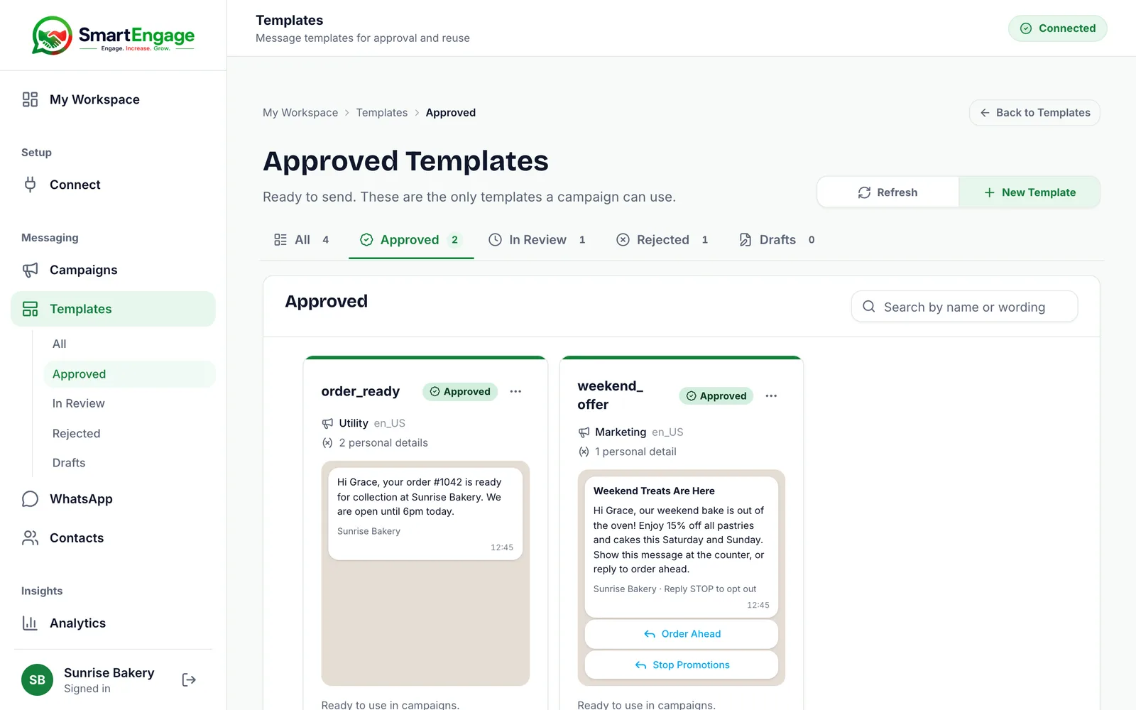 Approved Templates tab listing order_ready and weekend_offer with message previews