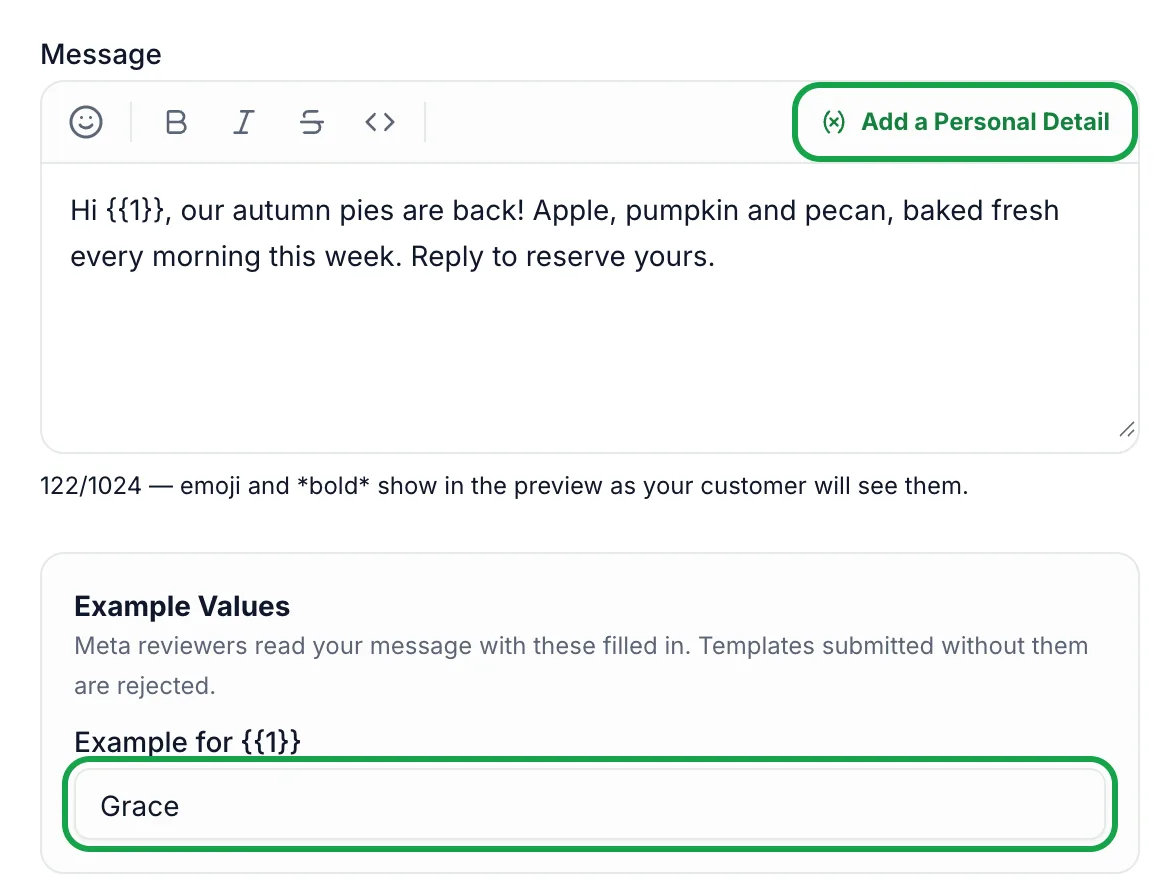Message editor containing {{1}} with Add a personal detail highlighted, and an Example for {{1}} field filled with Grace