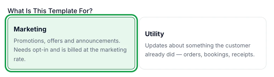 What is this template for? choice with Marketing highlighted and Utility beside it