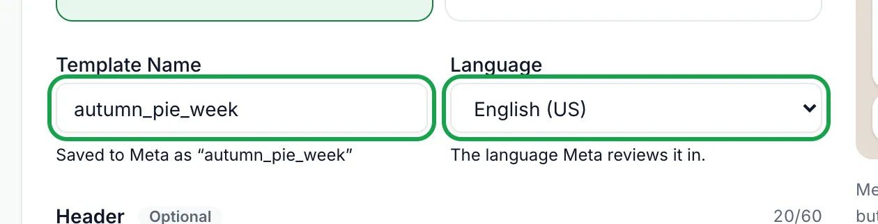 Template Name field with autumn_pie_week and Language set to English (US), both highlighted