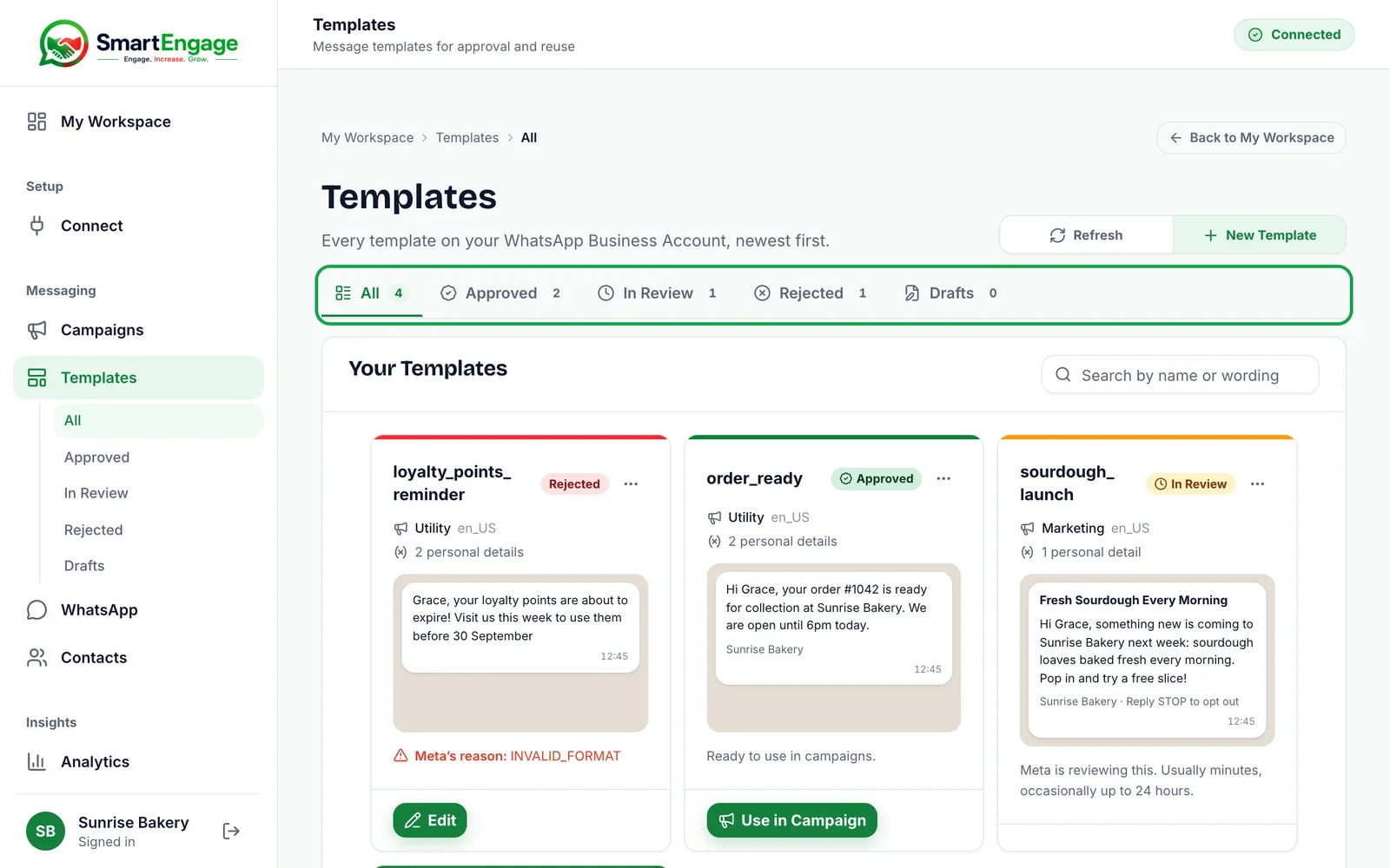 Templates page with the All, Approved, In Review, Rejected and Drafts tabs highlighted above template cards showing Rejected, Approved and In review badges