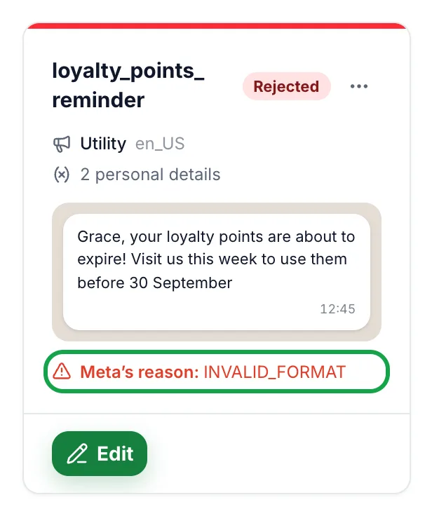 Rejected loyalty_points_reminder template card showing Meta’s reason INVALID_FORMAT highlighted, with an Edit button