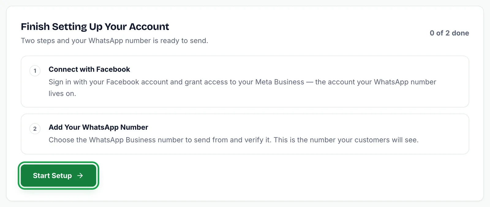 Finish setting up your account card showing 0 of 2 done, with Connect with Facebook and Add your WhatsApp number steps and a highlighted Start setup button